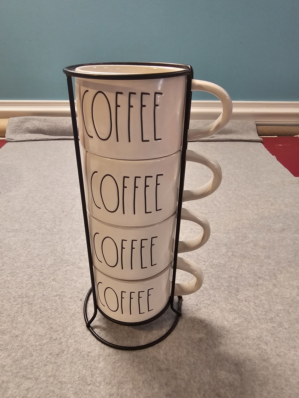 Rae Dunn White Ceramic COFFEE Mugs with Black Rack - 4 Piece Stackable Set